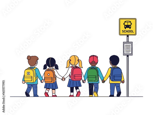 School Day Journey: Illustration capturing a group of young students walking hand-in-hand towards the school bus stop, filled with the promise of learning and adventure.