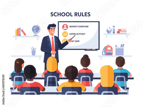School Rules Education: A diverse classroom scene with teacher pointing to the rules. Children listen attentively, creating a sense of education and collaboration