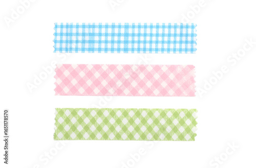 Three uniquely designed washi tape scraps in pastel colours on a transparent background; PNG