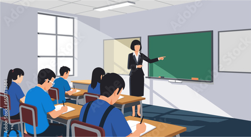 Female teacher teaching students at desks in a classroom