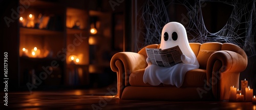 Playful ghost reading a newspaper on a cozy couch