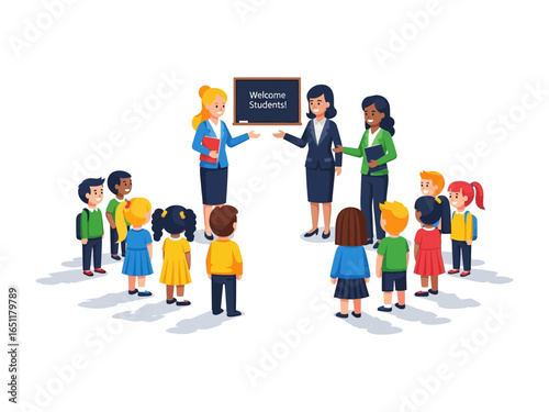  Welcoming Students: A teacher introduces a group of diverse children to another teacher with a blackboard welcoming students to their school.