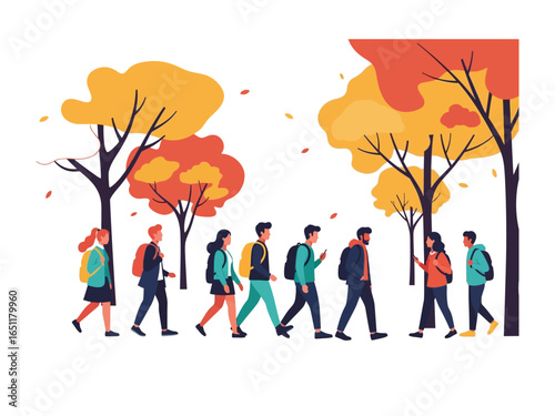 Autumn Stroll: A vibrant vector illustration portrays a group of people with backpacks walking beneath a canopy of golden trees, enjoying a brisk autumn day. 