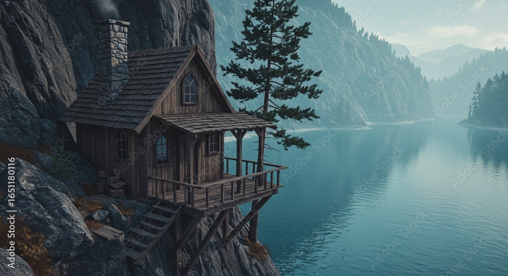 Fototapeta premium A small house on a cliff showing a small cabin perched on the edge of a cliff