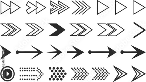 Collection of various arrow designs pointing right in different styles and orientations on a white background