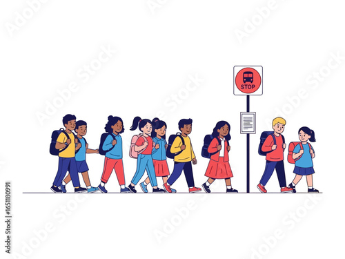 School Bus Stop: A group of children, each with backpacks, waits patiently at a bus stop, signaling the beginning of another school day. capturing the essence of community, education.