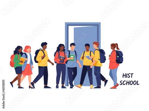 Hist School Opening: A diverse group of students, brimming with anticipation and curiosity, walk towards an open door, symbolizing the gateway to education and the pursuit of knowledge.