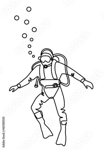 continuous line art of a man diving in the depths of the ocean with diving equipment isolated on a transparent background