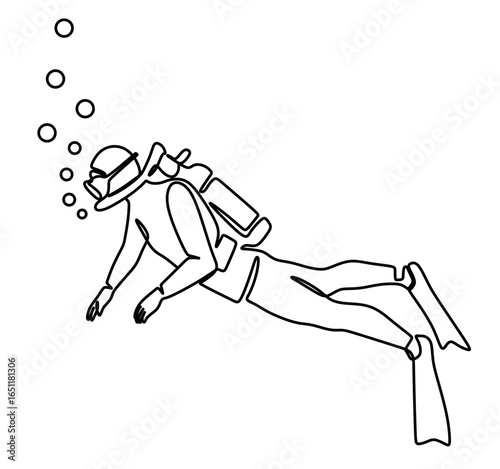 continuous line art of a man diving in the depths of the ocean with diving equipment isolated on a transparent background