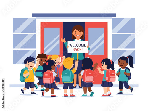Welcoming Back to School: A scene captures the excitement of children and the instructor, as they gather at the school entrance, ready to embrace another year filled with learning and growth. 