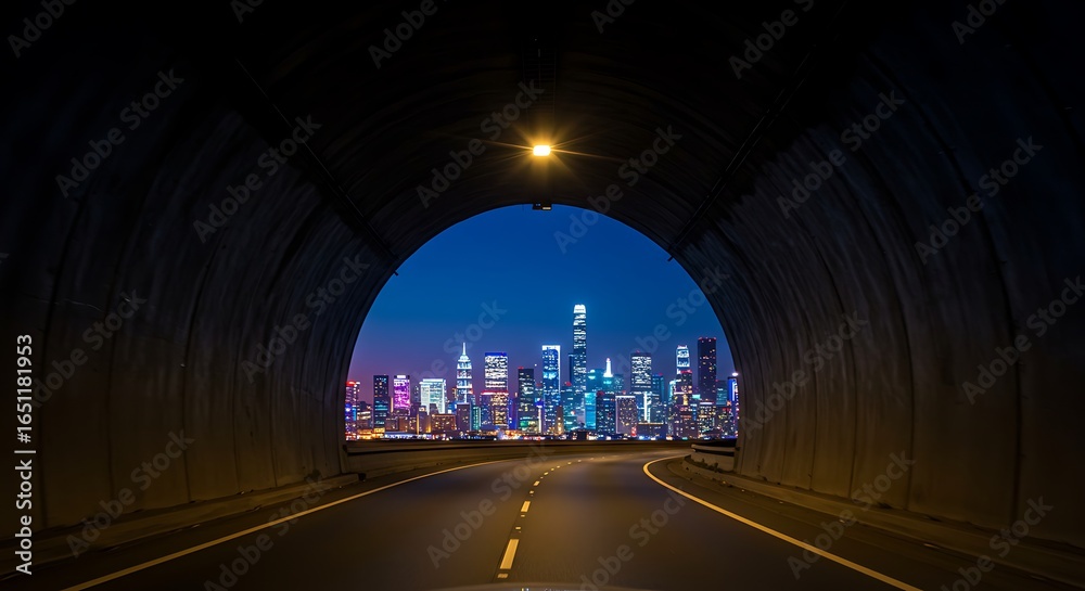 Fototapeta premium View of a futuristic cityscape at the end of a tunnel, perfect for a travel.