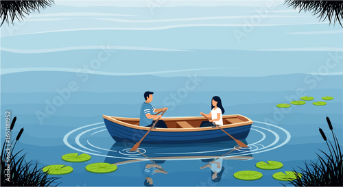 Man and woman rowing boat on a lake with lily pads