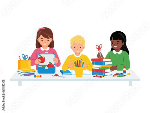 Creative minds: Young students at their school desk, immersed in the world of arts and craft. capturing the moment of joy and curiosity.