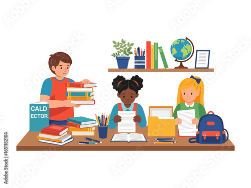 Young Learners Immersed in Study: Captivating depiction of three children deeply engaged in learning activities, creating an image of educational pursuits. 