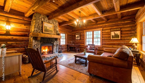 Cozy log cabin living room with fireplace