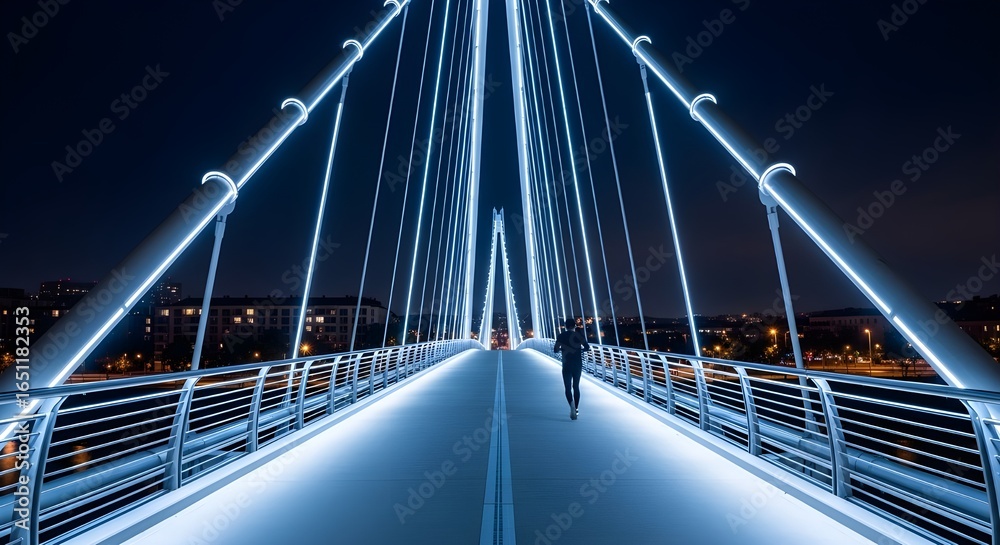 Fototapeta premium Man Running Across Futuristic Illuminated Bridge at Nightcloseup, tradition, warmth, bond, heritage, emotion