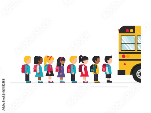 School children and school bus: A vibrant illustration captures a line of elementary school students waiting to board a bright yellow school bus.