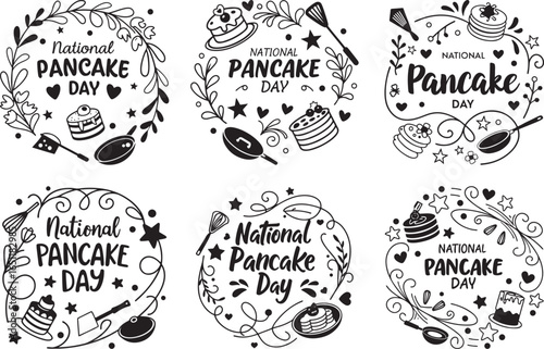 Six Pancake Day Illustrations with Wreaths, Text, Pancakes and Kitchenware