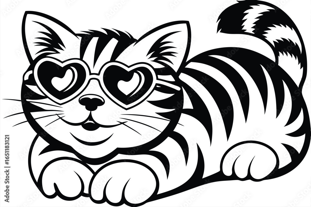 Fototapeta premium Striped Cat with Heart Glasses Lying Down on White Background Outlined Design