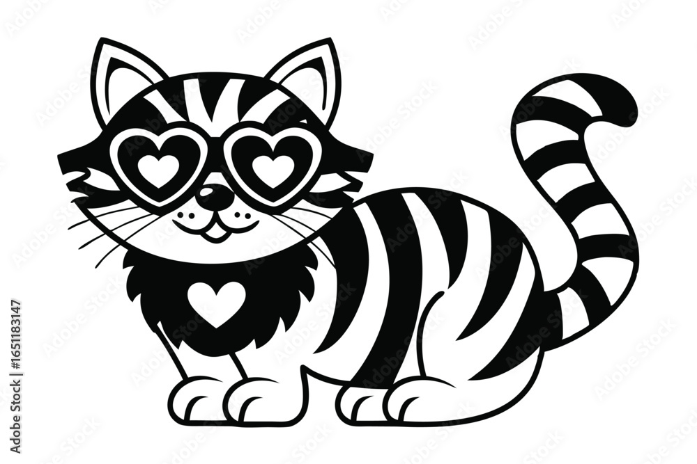 Obraz premium Whimsical Striped Cat with Heart Sunglasses on White Background