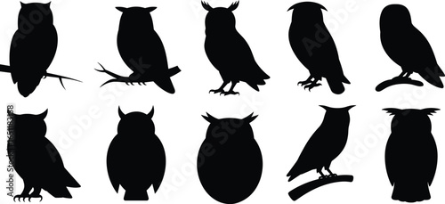 PrinSilhouette collection of owl species perched on branches, diverse shapes and features, perfect for nature, wildlife, bird illustration loverst