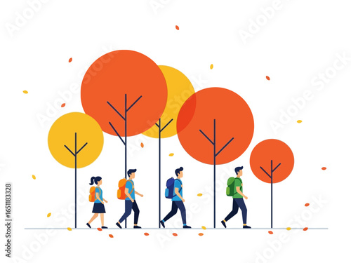 Adventure through Autumn's Embrace: Five figures walk along an illustrated path among vibrant trees, representing the thrill of a journey amidst the warm tones of autumn.