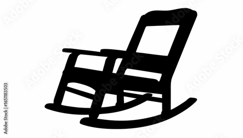 Illustration of a black rocking chair with armrests and curved base on a white background showing furniture silhouette