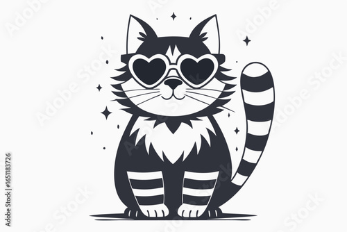 Playful Cat with Heart Glasses, Striped Tail on White Background