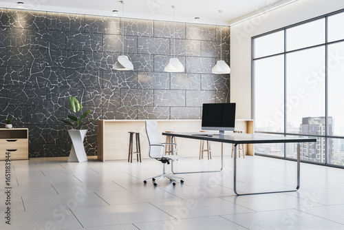 Slika na platnu Contemporary empty office interior with modern desk, computer, and stylish wall design in high-rise building workspace environment concept
