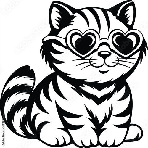 Monochrome striped Cat in Heart Glasses on white background lovely cool