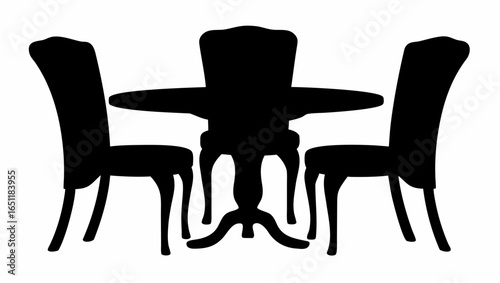 Silhouette of a round table with three chairs featuring high backs in a dining room setting indoors