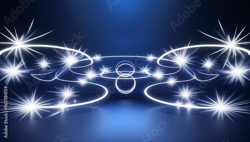 Abstract blue background with glowing white light trails and stars