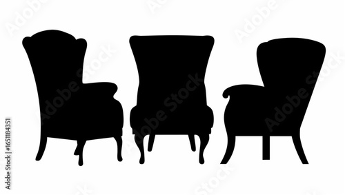 Three antique armchairs are presented in silhouette against a white background in a simple and elegant design