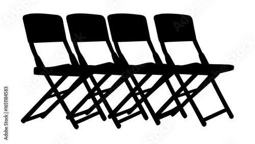Silhouette depiction of four folding chairs arranged in a row against a white background space here