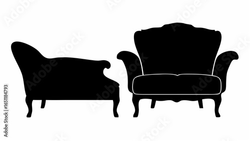 Two silhouette chairs one with a high back and curved armrests and the other with a lower back design