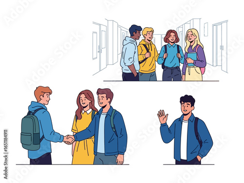 High School Friendship Moments: Illustration of students gathering together. Capturing the essence of education and the bonds of friendship within the walls of a high school, with a cartoonish style.