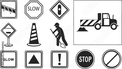 Collection of road construction signs including stop slow and work zone warning symbols on a white background
