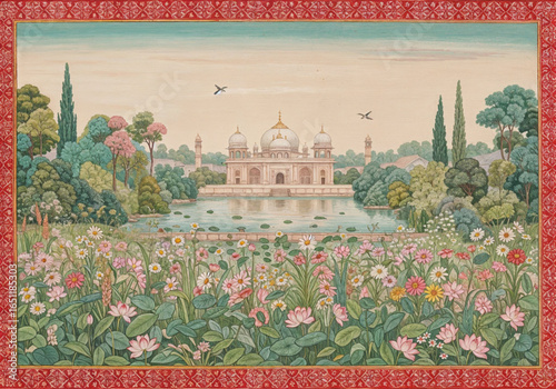 Intricate Mughal vector illustration of palace garden with flowers, tropical trees, and botanical landscape for elegant wall art prints

