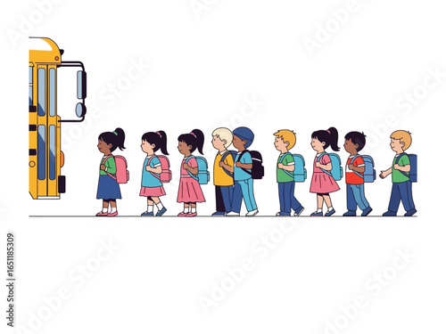 School Bus Line: A group of young students, ready for a day of learning, patiently lines up to board a cheerful school bus, depicting a familiar scene.