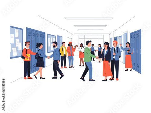 Hallway Gathering: a graphic depiction of various individual engage in lively interactions and informal encounters within a sunlit corridor setting, suggesting camaraderie and collaboration. 