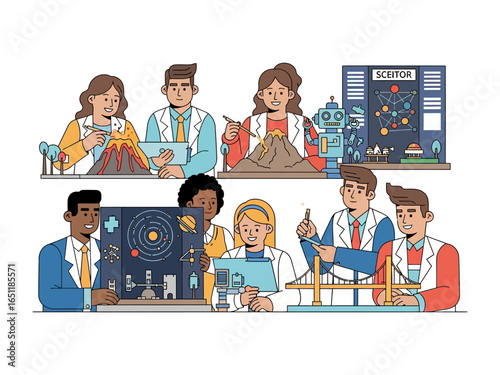 Science Collaboration: A group of diverse scientists is engrossed in dynamic interaction with experimental models and designs, exploring diverse concepts.