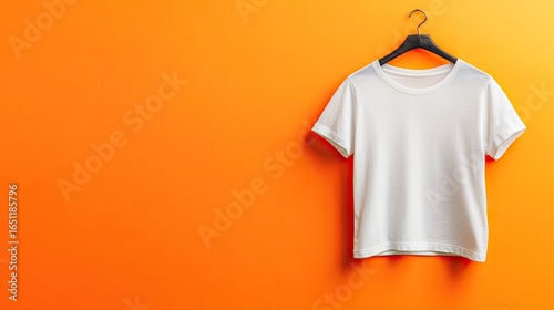 A plain white short-sleeved t-shirt hangs on a black clothes hanger against a vibrant orange background, creating a simple yet striking visual contrast