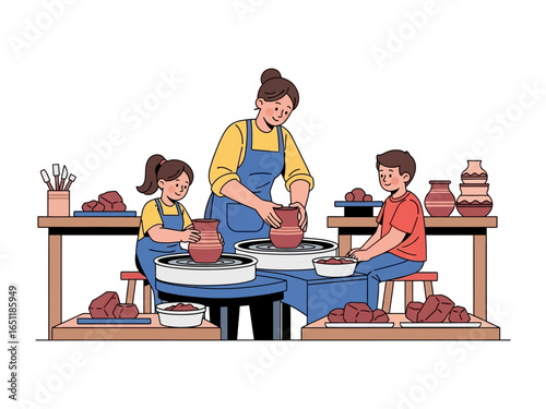 Pottery Class: Family enjoys an art class working on ceramic pottery, forming clay in workshop. A vivid depiction of the artistic process.
