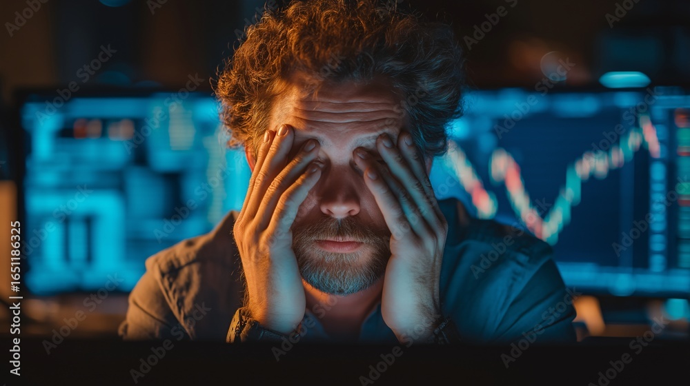 Fototapeta premium Financial professional stressed at computer hands on face monitors display stock market charts office at night worried expression economic crisis business pressure low light