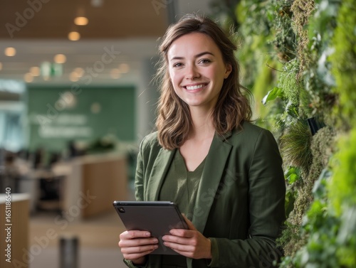 Woman tablet business office green plant smile professional technology