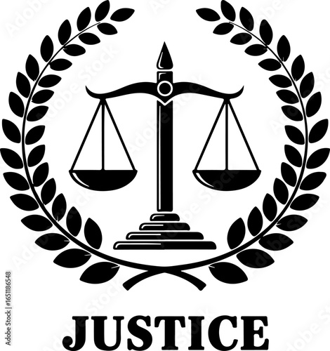 Justice symbol with scales in laurel wreath, on white background