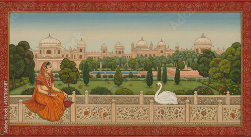 Elegant Mughal vector mural of queen seated in palace garden with swan, dome, and tropical forest arch, perfect for cultural wall art decor