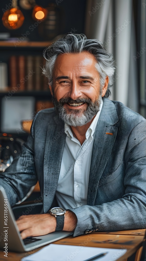 Fototapeta premium Smiling Grey Haired Businessman Laptop Work