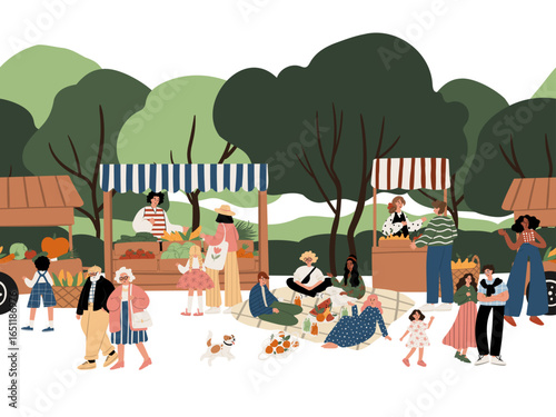 seamless border with multicultural people at farmers market in park: vegetable stalls, picnic, kids, seniors, African Americans, Muslim woman, romantic couple. Flat vector illustration.