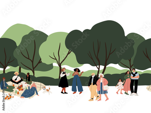 Seamless border with multicultural people picnicking in park: family, seniors, child, couple, dog, food on blanket. Trees and hills in background.  Flat vector illustration.
